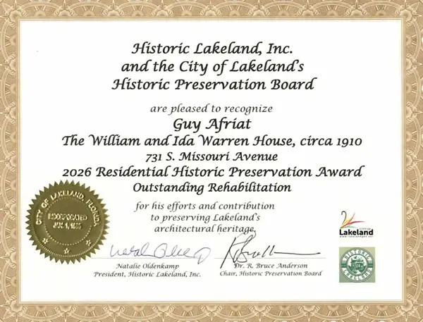 City of Lakeland Historic Preservation Award certificate for the Warren House restoration by Guy A Remodeling